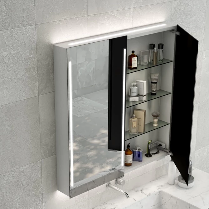 Unique Cabinet featuring its backlight and lighted mirror cover with cosmetics inside.