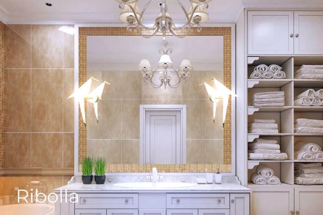 Ornate bathroom design with a Ribolla LED mirror lamp above the vanity in Hobart.