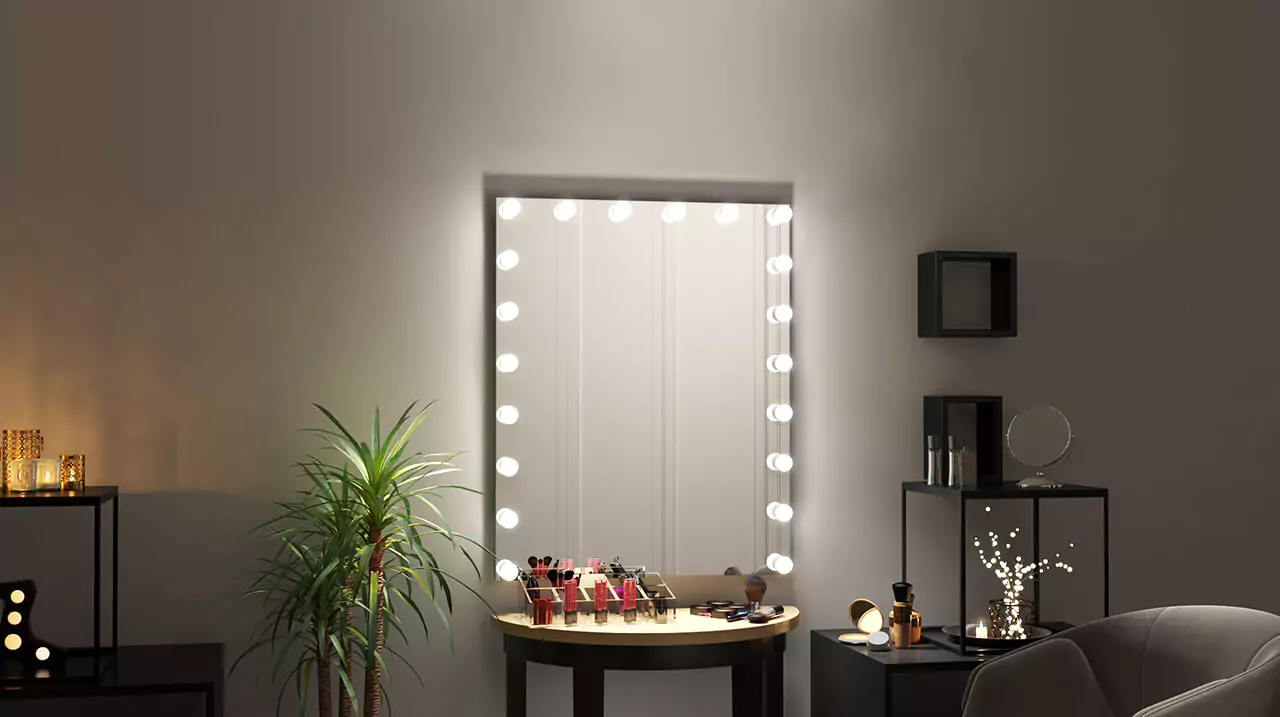 Modern vanity setup with a made-to-order Hollywood mirror, LED lights, and stylish decor in Lismore.