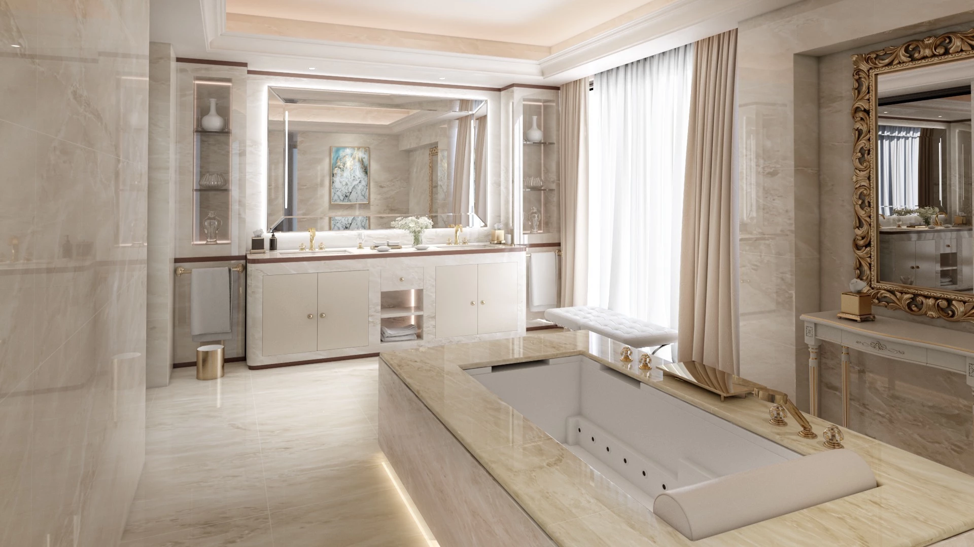 Stylish bathroom with rectangular marble jacuzzi in front of a hotel bathroom mirror in Brisbane.