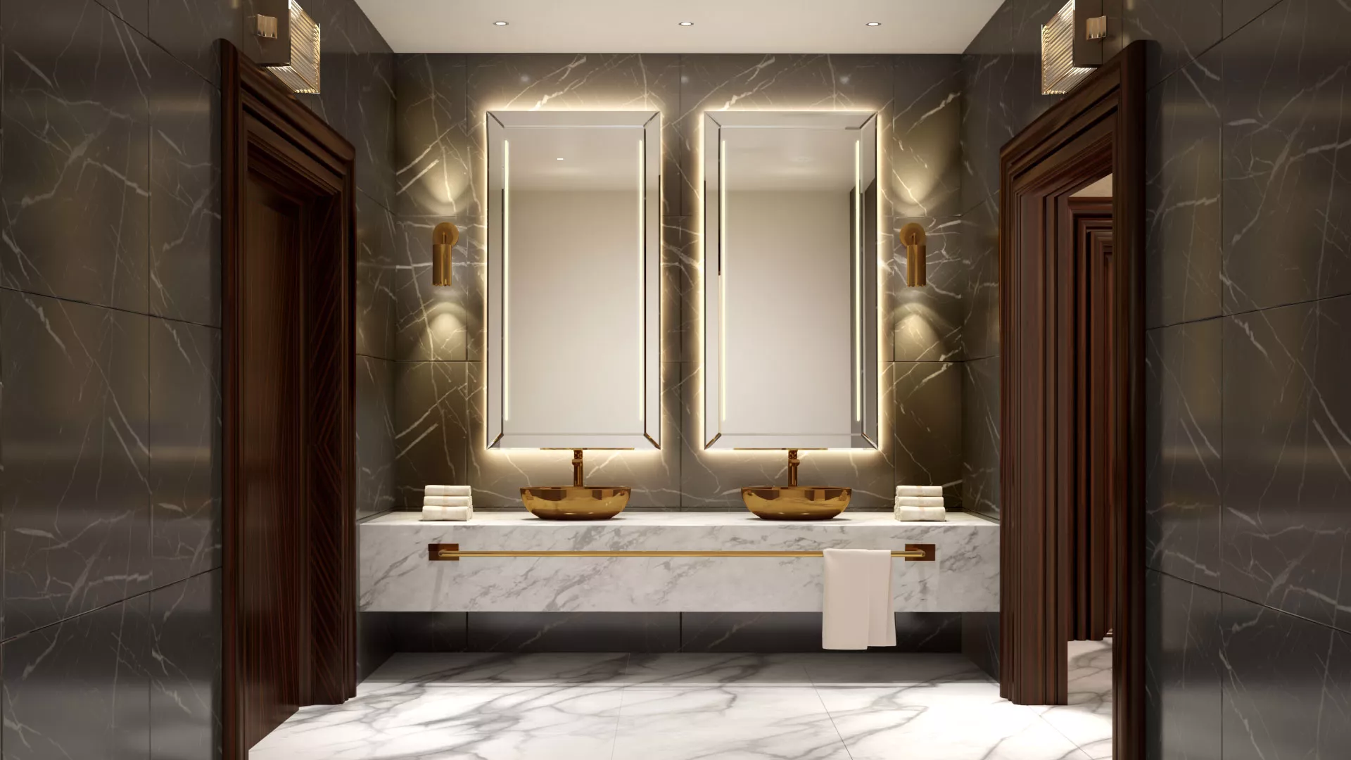 Perth double golden sink, with two illuminated mirrors set into a tiled wall.