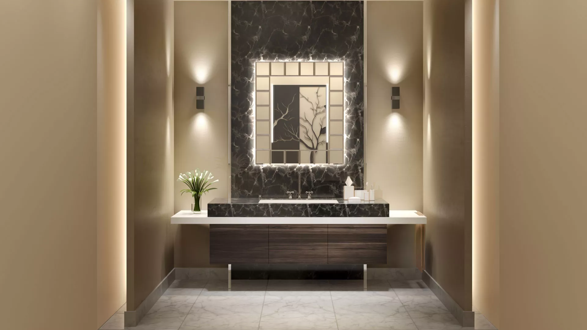 A sink located in a wall of black tiles in a bathroom with a lighted mirror above in Wellington.