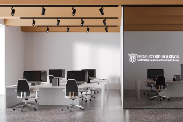 Icon of office with white walls, black chairs, and a mirror with luminous logo in Hobart.