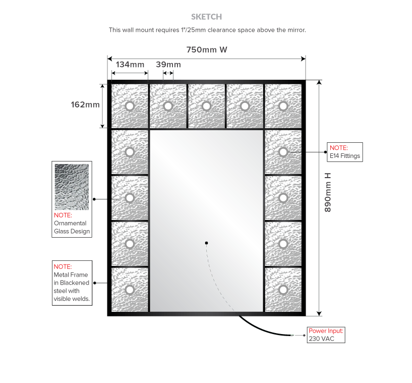 Drawing of ornamental glass design with a blackened metal frame and its dimensions in Gold Coast.