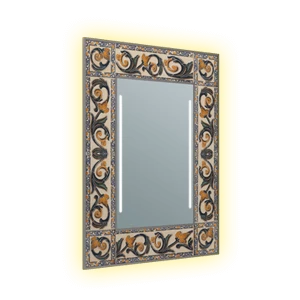 Dim backlight with integrated light in a mosaic-framed mirror.