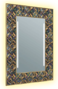 Dim backlight with integrated light in a mosaic-framed mirror.