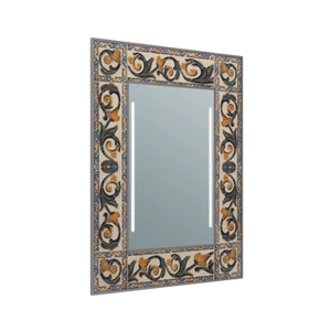 Integrated light in a mosaic-framed mirror.