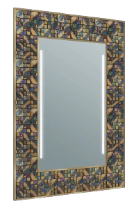 Integrated light in a mosaic-framed mirror.