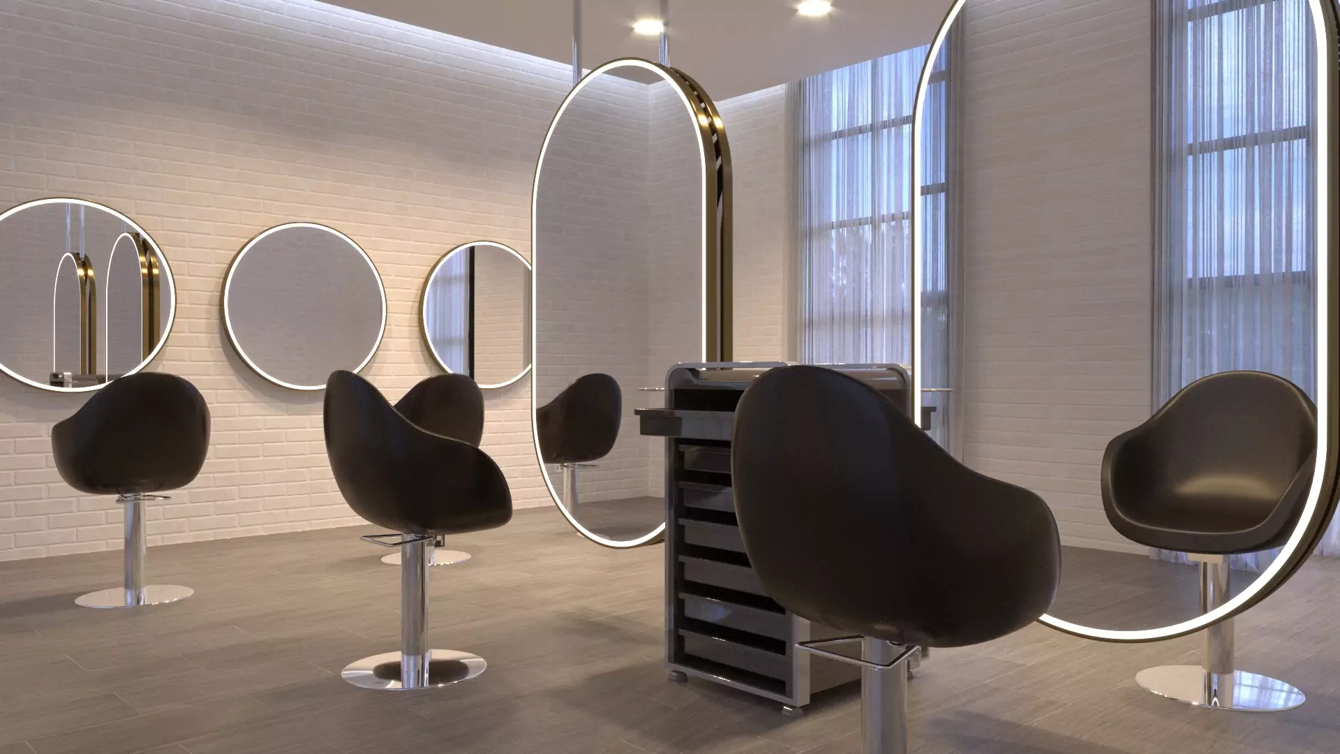 Luxurious makeup oval and circle shape lighted mirror with classy black chairs in a salon.