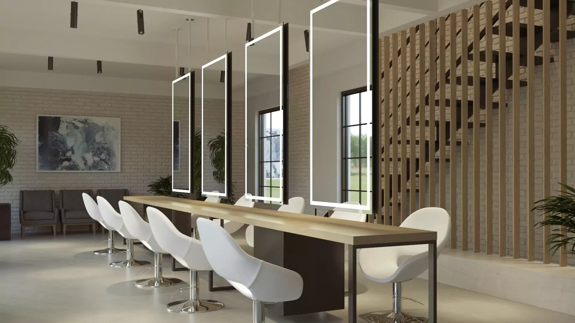 A contemporary salon featuring a stylish long table and a four LED mirrors in Adelaide.