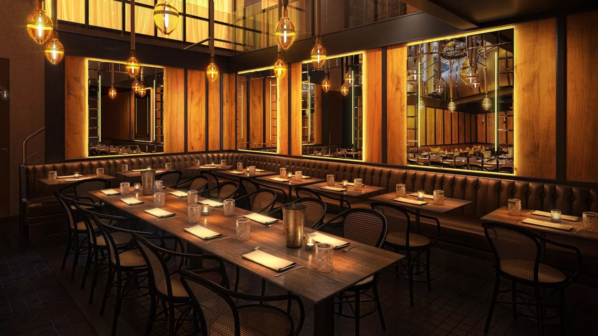 Cozy restaurant setting with wooden tables and chairs, featuring a lighted mirror in Sydney.