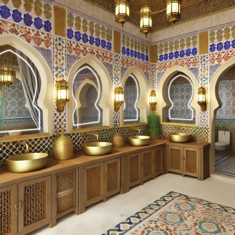 Bathroom with gold and blue tiles, complemented by stylish gold sinks and a lit mirror in Lismore.