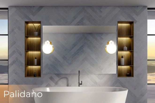 Sophiscated Lismore bathroom with a Palidano LED mirror Lamp.