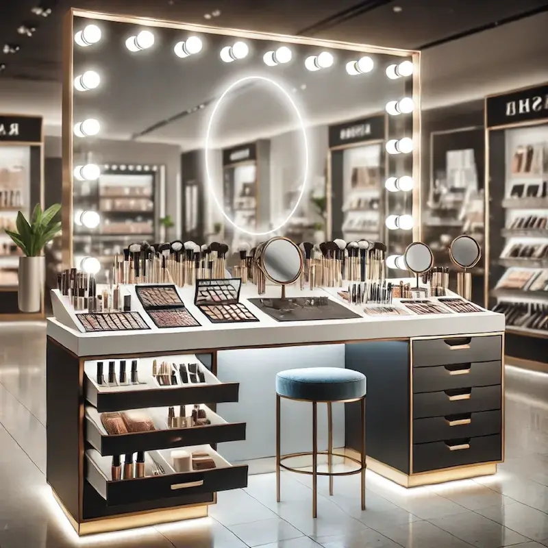 Well-lit makeup counter with multiple mirrors, showcasing beauty products display in Lismore.