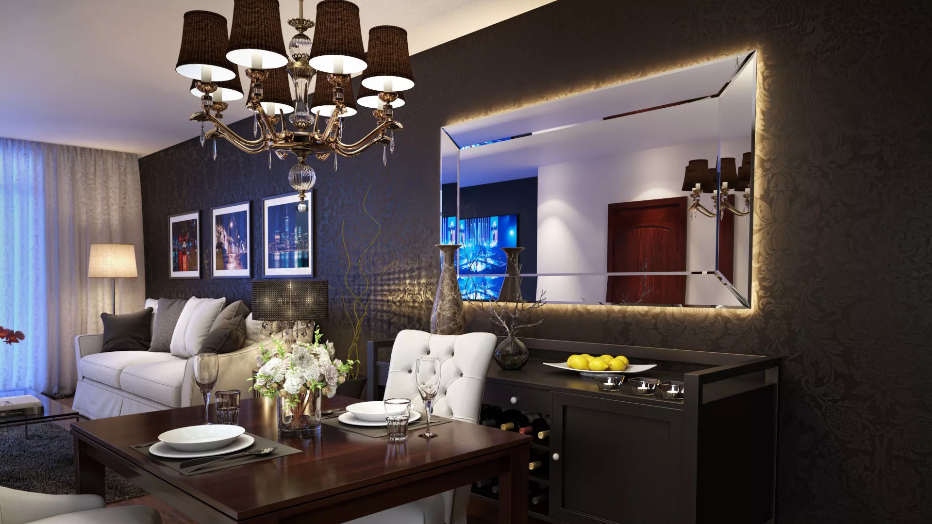 Living room with dining table, chairs, and mirror reflecting elegant chandelier in Lismore.