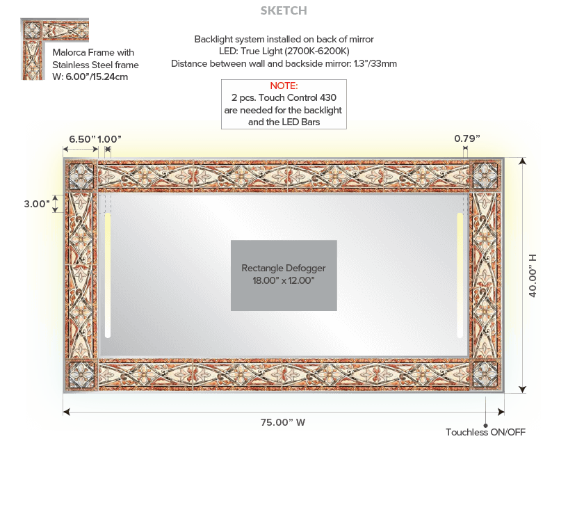 Sketch of a wall-mounted, long, arched Grand Mirrors LUX in Adelaide.