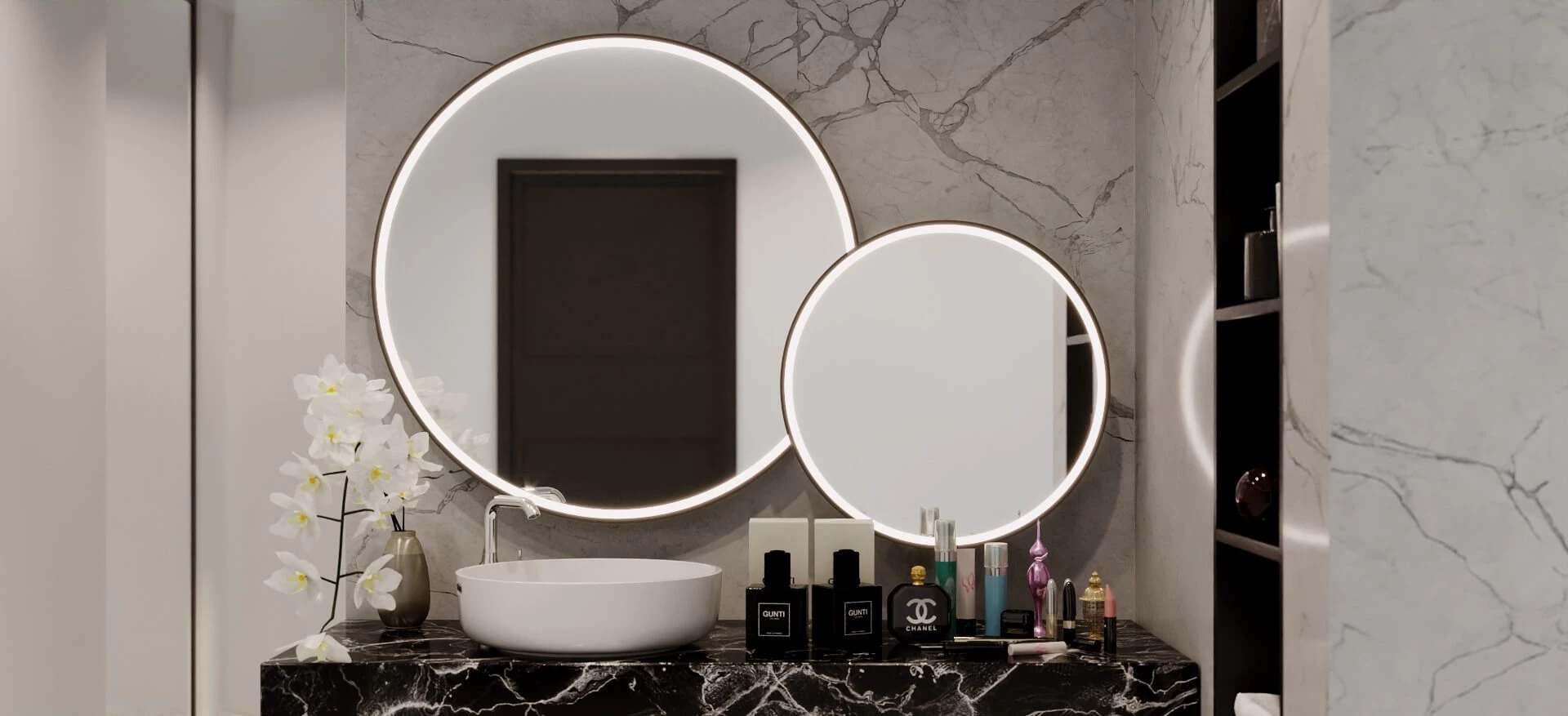 A luxurious bathroom with elegant marble walls and a sleek aluminium framed mirror in Brisbane.