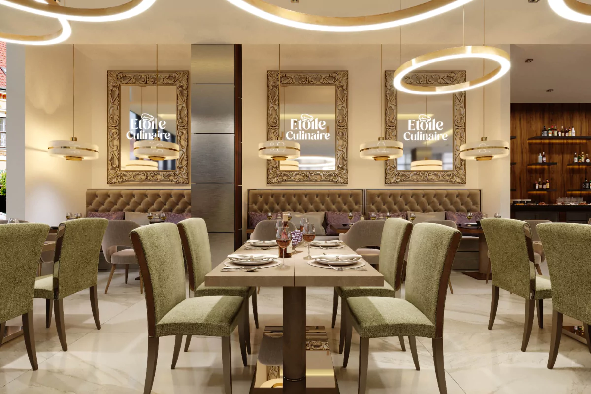 Luxurious restaurant with a dining area featuring custom mirrors with LED light logo in Sydney.