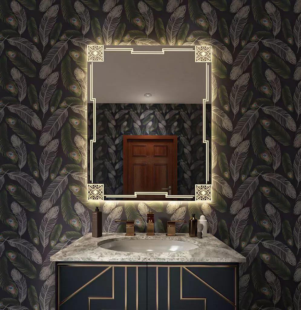 A bathroom vanity with a mirror and a floral wall paper, adding elegance and charm to the space in Lismore.