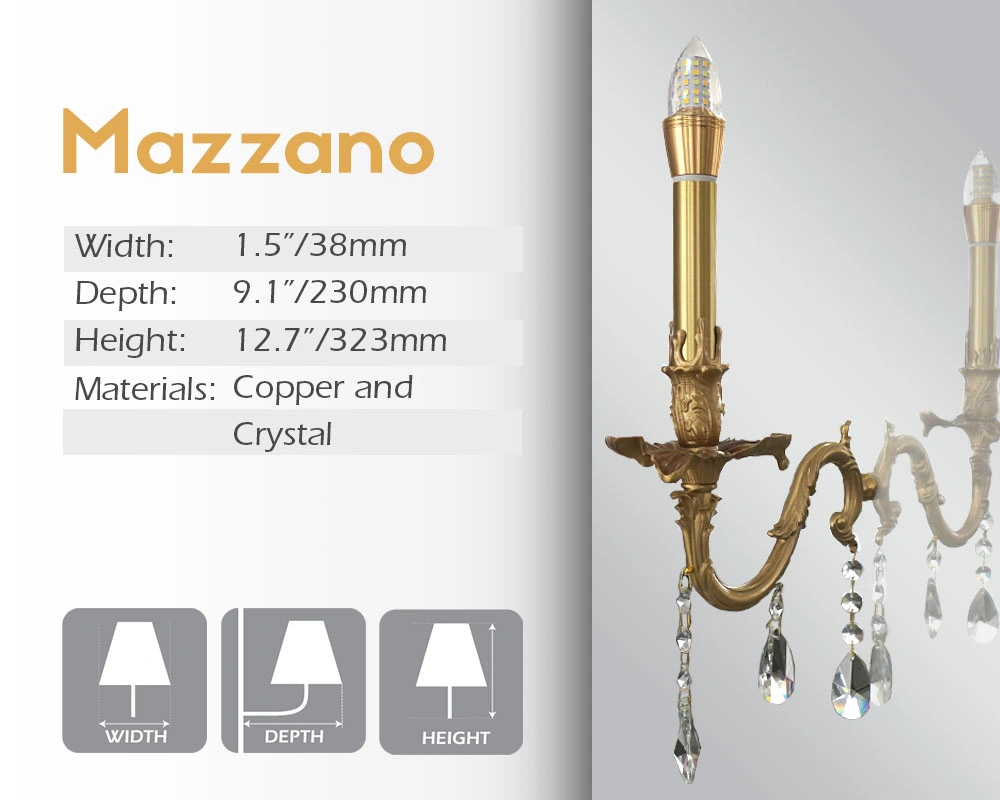 Mazzano mirror lamp, with its width, depth, and height, is made of copper and crystal.