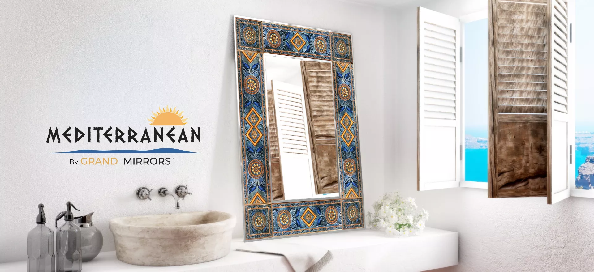 Mediterranean themed mirror stands on a white walled washroom in Queensland.