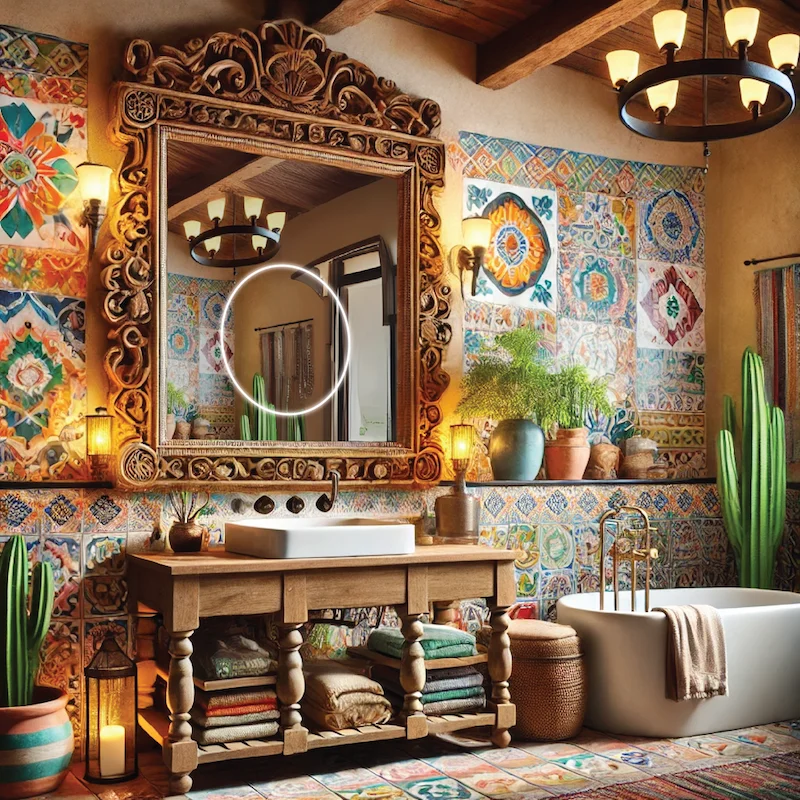 Vibrant bathroom with colorful tile walls and a lighted mirror reflecting the lively decor in Melbourne.