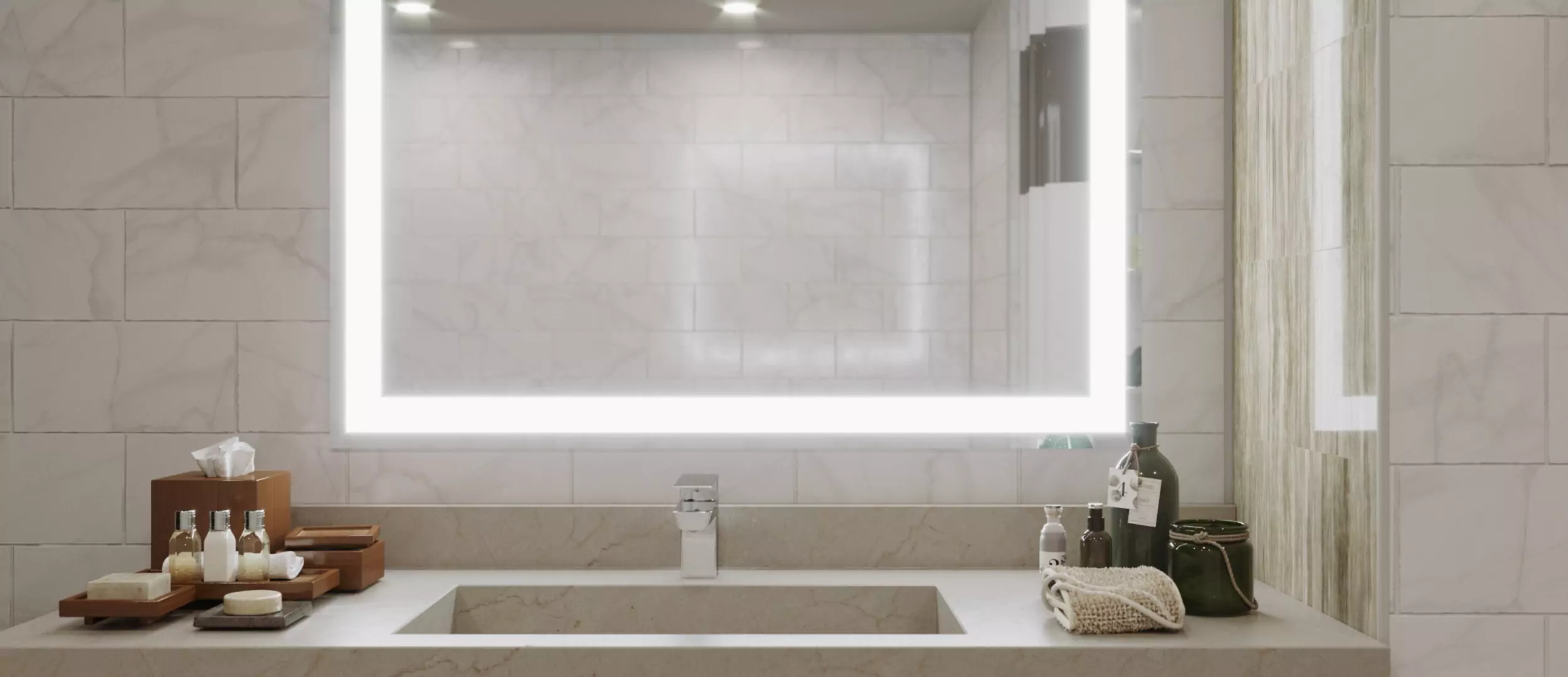 Stylish bathroom featuring a custom lighted mirror and minimalist decor in Lismore.