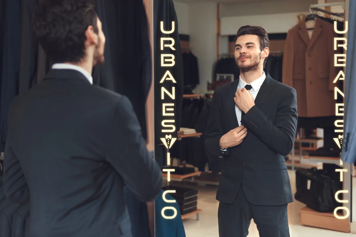 Well dressed man checking out his suit next to a mirror with glowing logo in Brisbane.