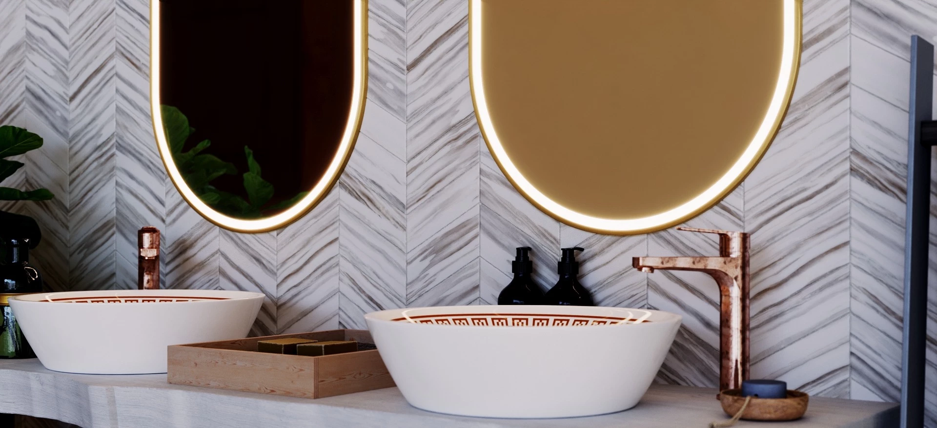 Modern bathroom with two sinks and LED light mirror in Hobart.