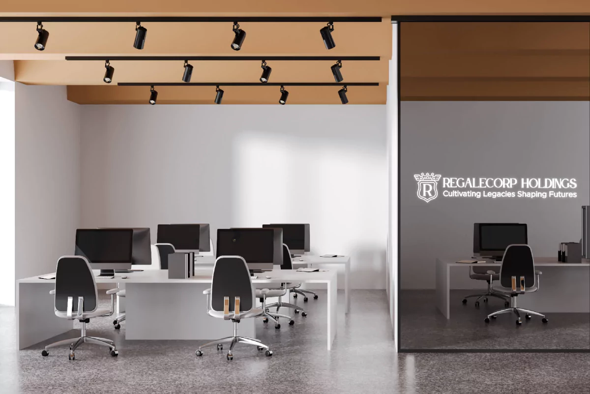 A modern office with white walls, black chairs, and a mirror with luminous logo in Tasmania.