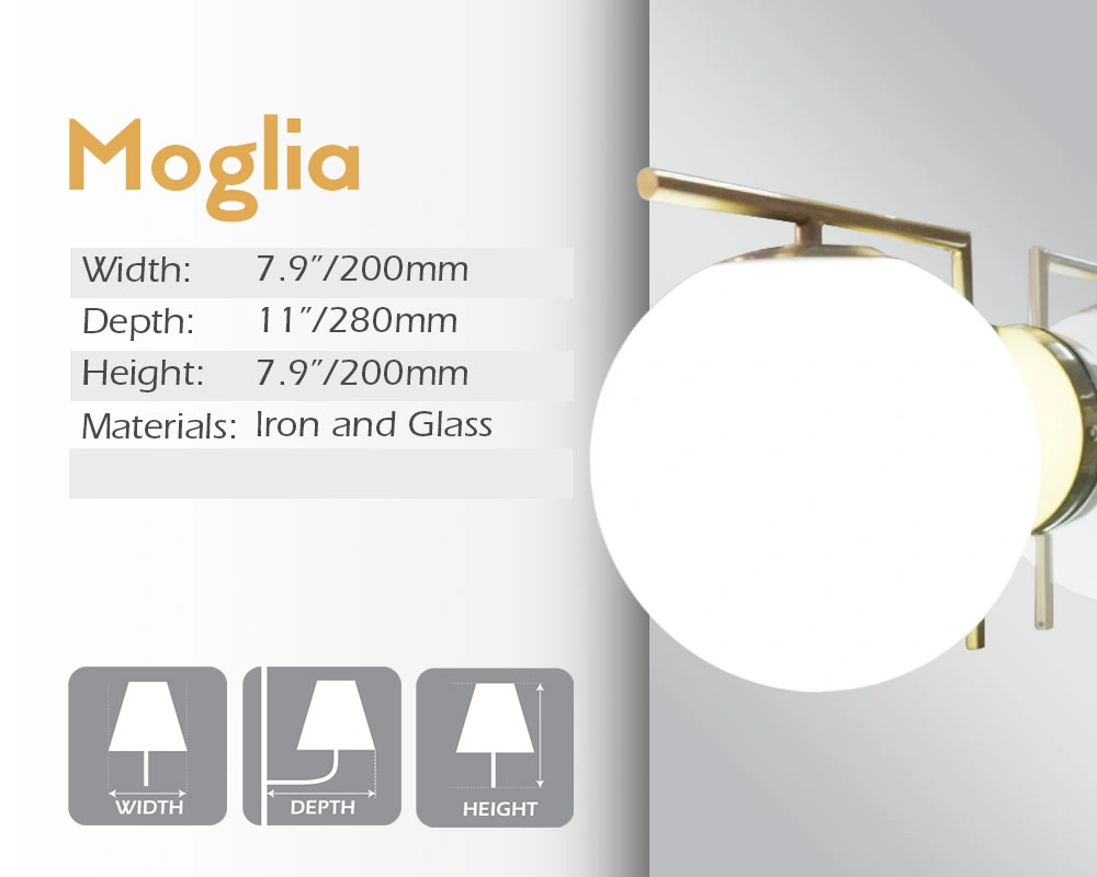 Moglia mirror lamp, with its width, depth, and height, is made of iron and glass.