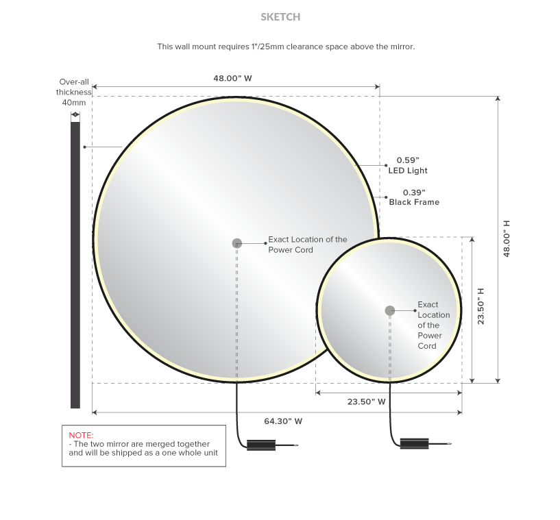 Drawing of a moon-shaped lighted mirror with a rounded sides in Victoria.