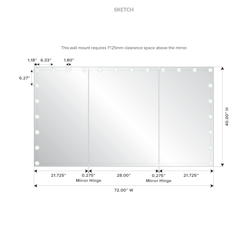 Drawing of an Etch Waves designed lighted mirror with its dimensions in Newcastle.