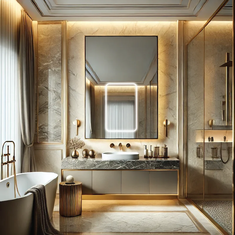 A large mirror, and gold accents, reflecting a high-end, sophisticated design in Newcastle.