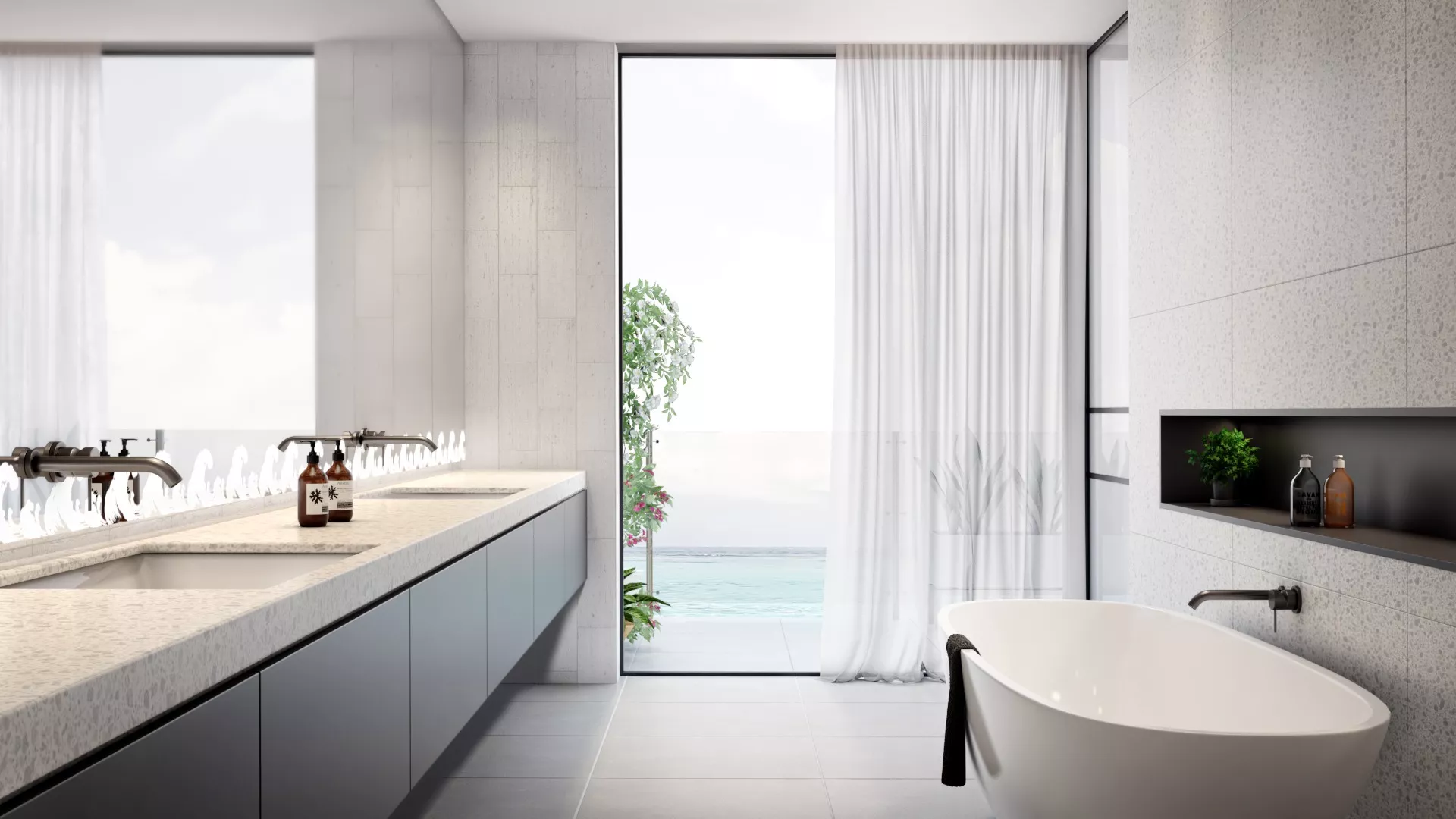 A modern bathroom with a large window and front lit mirror showcasing a breathtaking ocean view in Newcastle.