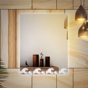 A LED wave design frame in a backlit mirror mounted on a wall with a pendant lamp on the side.