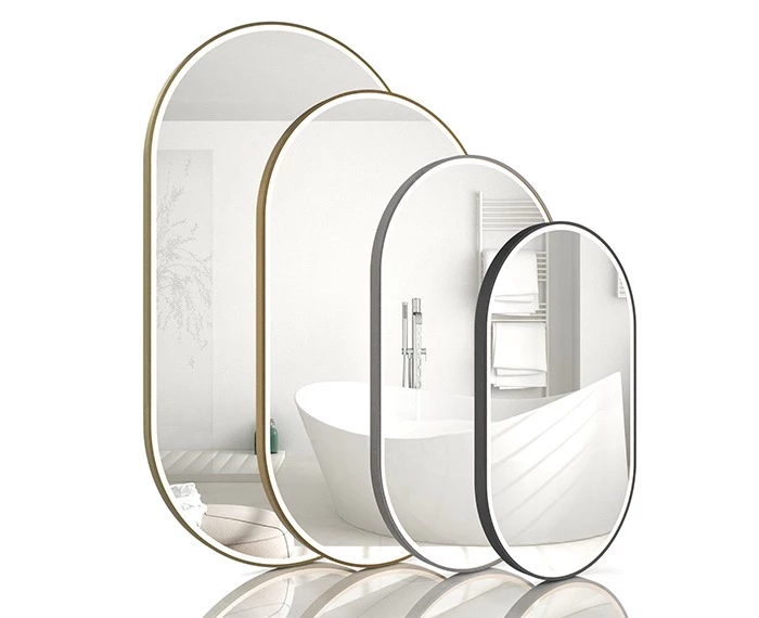 Oval shape lighted mirrors with different sizes and frame colors in Canberra.