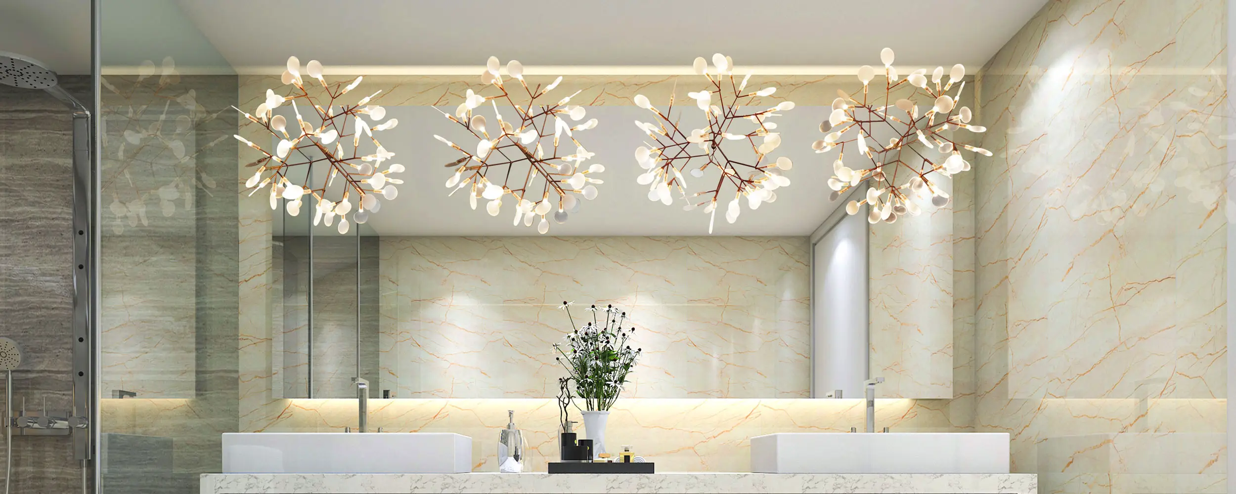 Luxurious Brisbane bathroom with lighted vanity mirror, featuring elegant modern lighting fixtures.