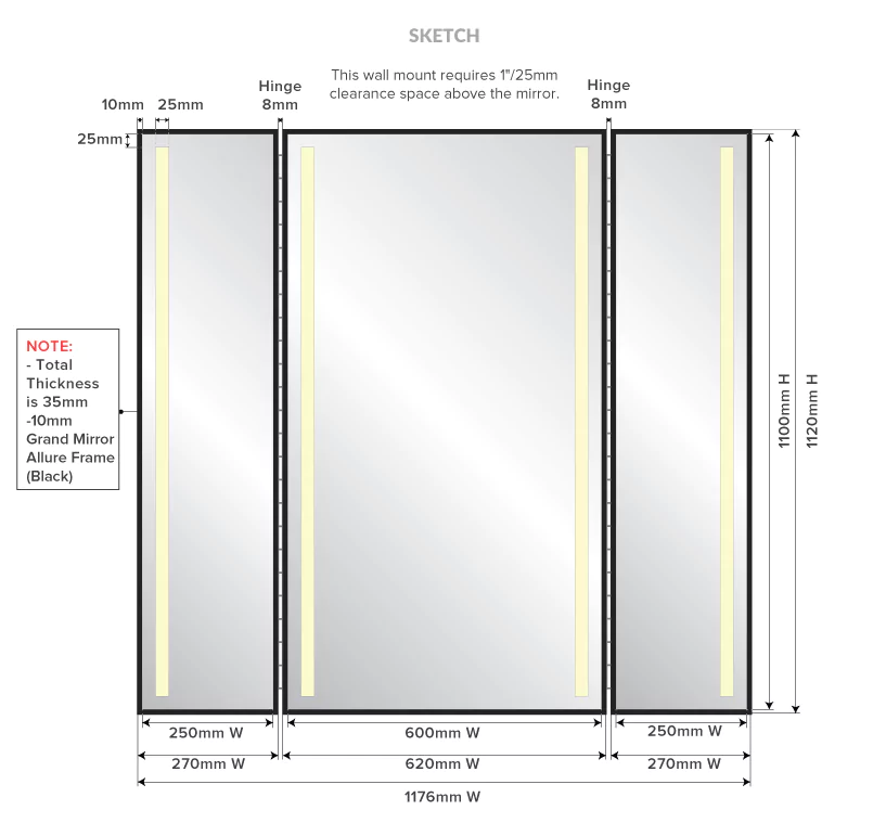 Drawing of a Grand Mirrors Hollywood custom-made lighted mirror with specifications in Perth.