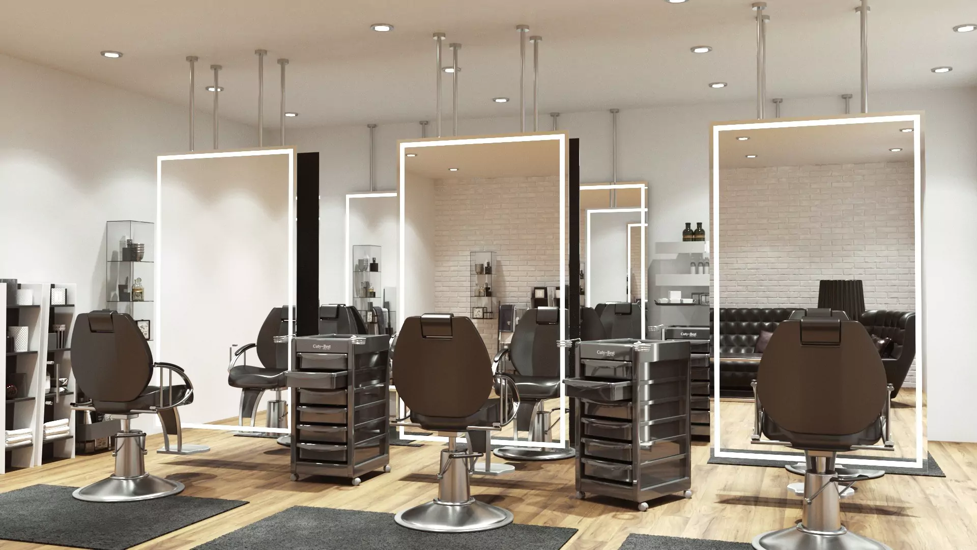 Three salon mirrors with lights and a chair in each front with trolleys in between mirrors in Perth.