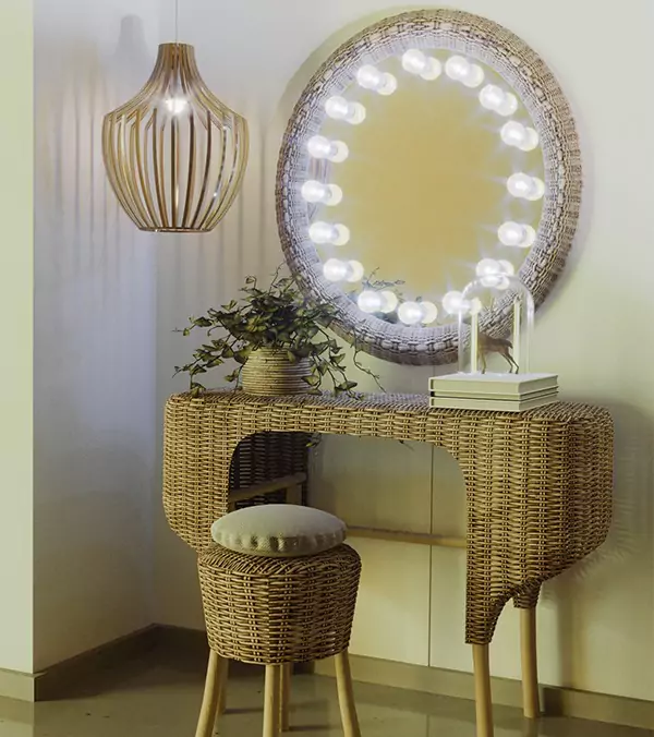 Hollywood lighted mirror with a rattan made vanity set and elipsa from Darwin.