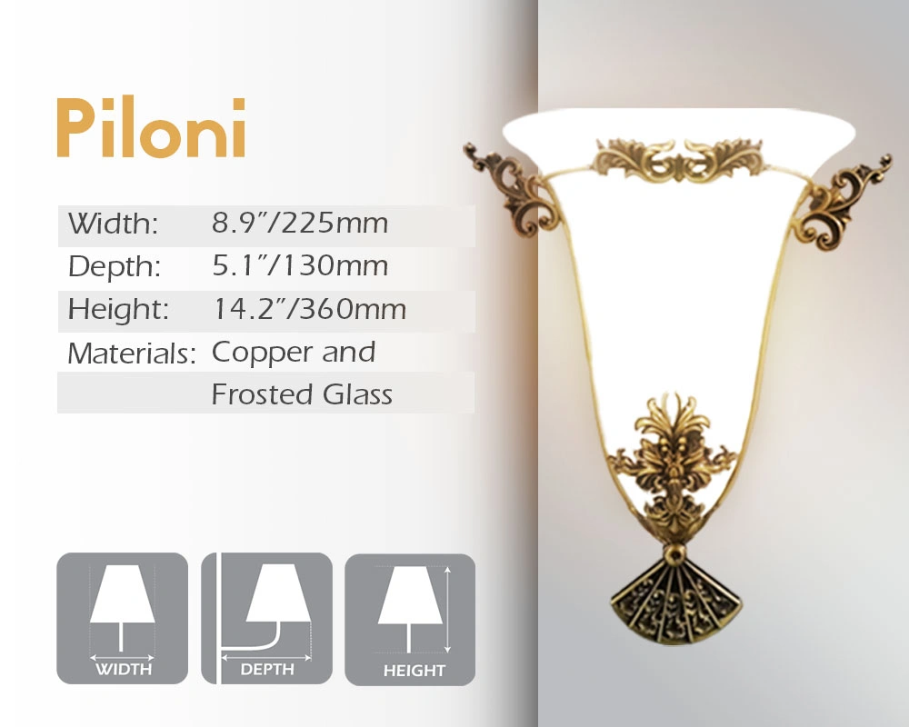 Piloni mirror lamp, with its width, depth, and height, is made of copper and frosted glass.