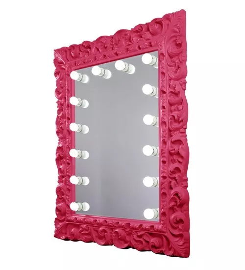 A portrait stylish pink mirror with illuminating lights, ideal for makeup application in Brisbane.