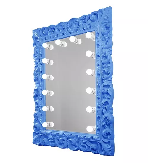 Hobart portrait framed mirror in blue color with light bulbs mirror.