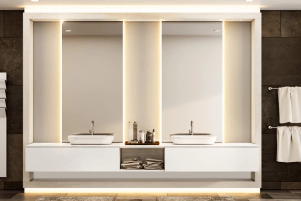 Contemporary bathroom in Gold Coast with two ceramic basins flanked by premium backlit mirrors.