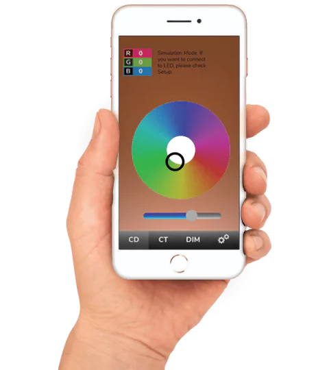 RGB wheel on iPhone held by hand, illustrating mobile application for custom lights in Hobart.