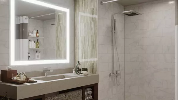 Preview of a bathroom with a shower and a sink, brightly lit by an illuminated mirror in Victoria.