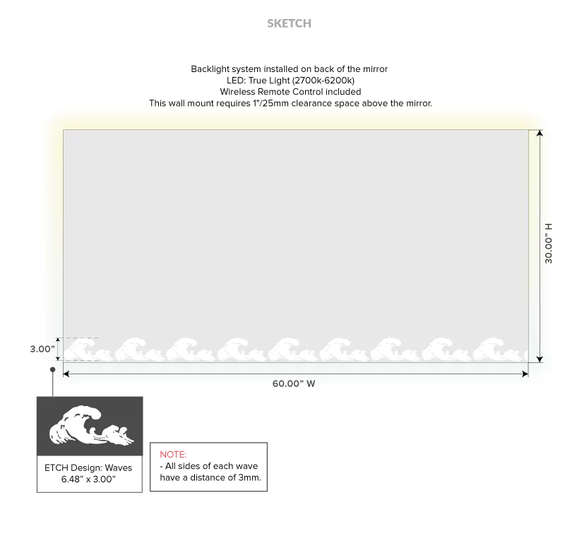 Drawing of a custom framed mirror with a dimension in Queensland.