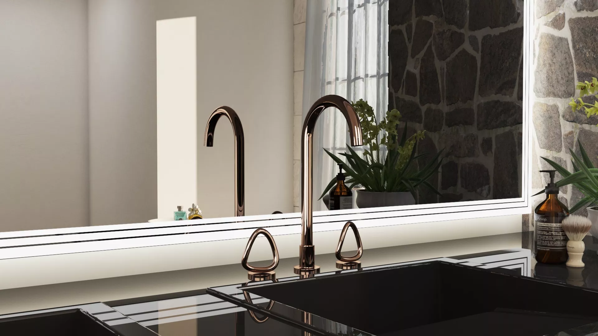 A sink with a front lit mirror above it in a modern bathroom in Wellington.