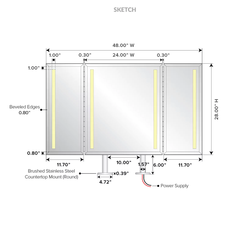 Illustration of a mirror with a rectangle defogger and a polished countertop mount in Lismore.